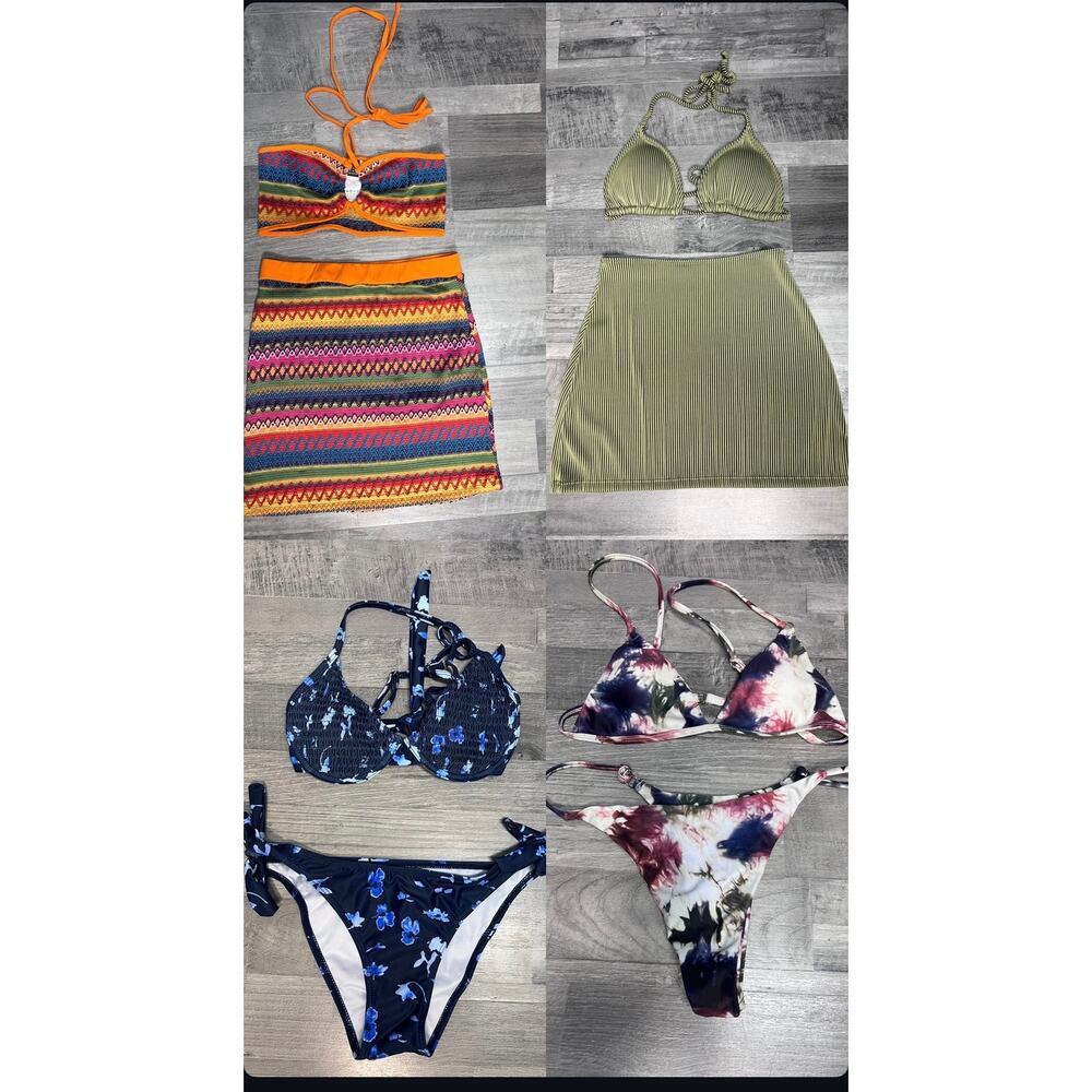 Women’s Bikini Swimwear Lot S/M 3 Sets Skirt Cover Up Tie Dye Ribbed Beach